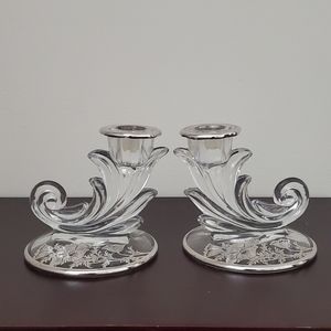 Flanders SILVER CITY Pair Clear Crystal Candle Holder  Silver Flower Overlay USA
